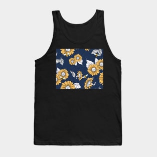 Sunflowers and Honey Bees in Navy Blue Tank Top